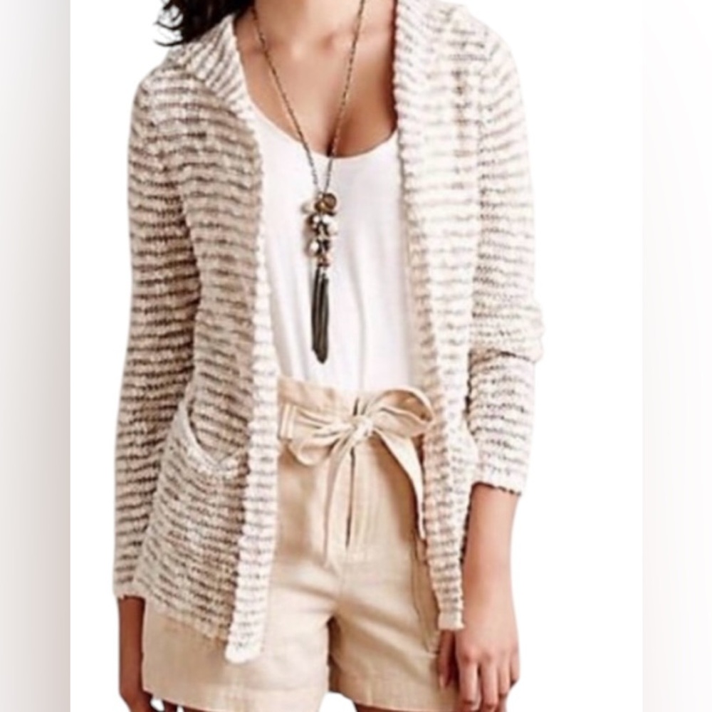 Anthropologie Moth Cream/Metallic Gold Striped Open Front Hooded Cardigan XS